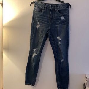 Blue Spice High Waist Ankle Vintage Recycle Blue Jeans with Distressed Details